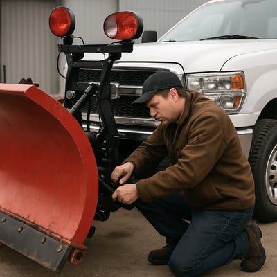 A person working on a snoplow on a commercial pickup truck