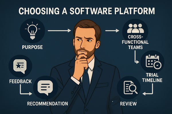 Create a graphic showing a business owner the process involved with choosing a software platform The process should include purpose crossfunctional teams evaluation framework trial timeline review recommendation feedback-1