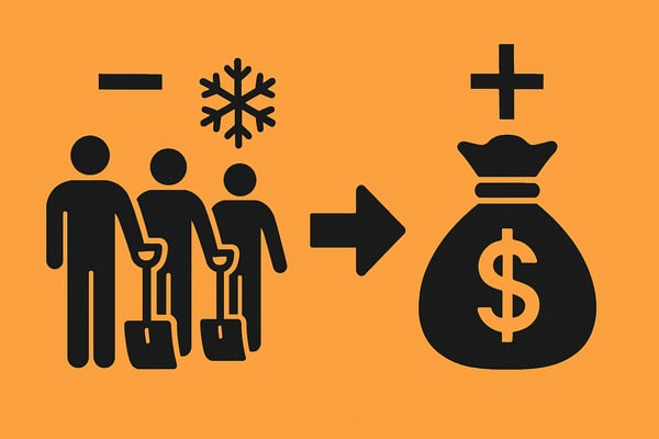 Create an image that symbolizes fewer snow removal workers but higher salary costs