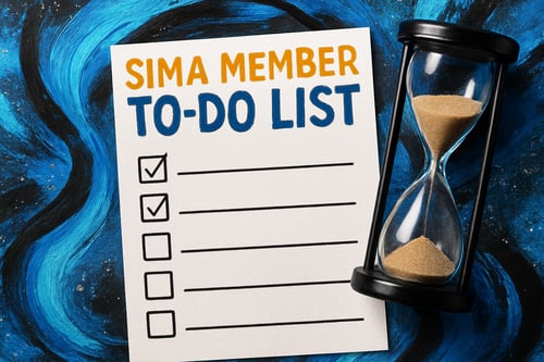 photographic Create a vibrant checklist featuring the headline SIMA Member ToDo List at the top The background should be an energetic mix of blue silv
