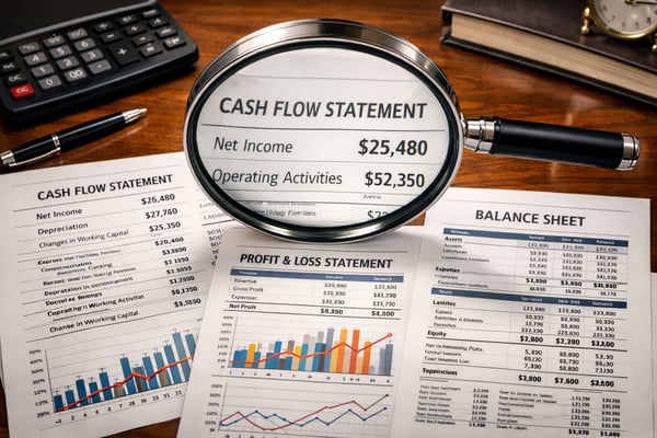 photographic Visualize a striking scene where a large magnifying glass hovers above a detailed cash flow statement a profit and loss statement and a b