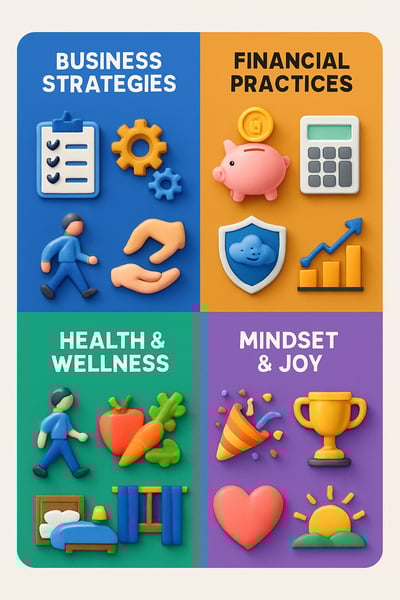 3D An infographic showcasing four distinct categories Business Strategies Financial Practices Health  Wellness and Mindset  Joy Each category is presented in a separate colorful section with bold headings 1 Business Strategies Features icons like a c